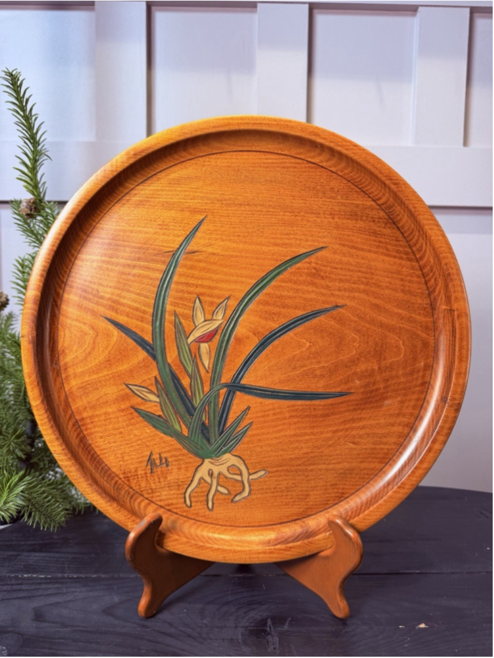 Vintage 12” Round Wooden Tray Platter Handpainted Daffodils Signed